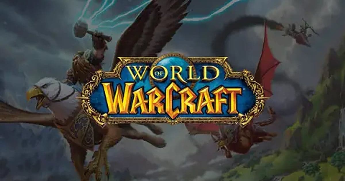 World of Warcraft official artwork of a dwarf with a hammer riding a gryphon through a stormy sky while a rider on a red drake gives chase, with the World of Warcraft logo in the center