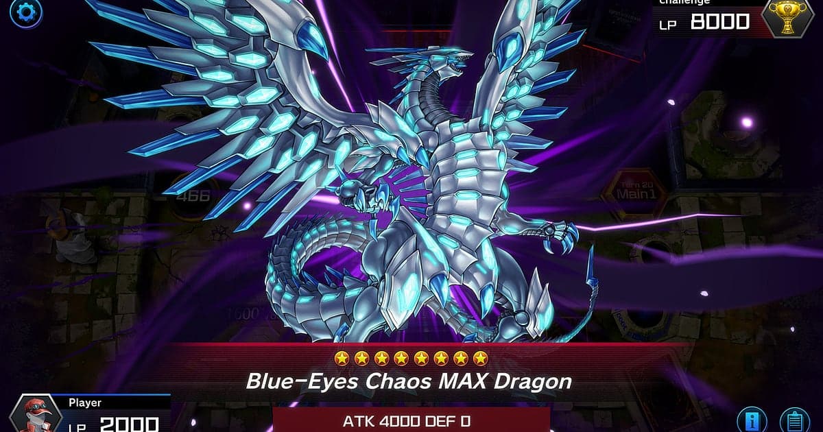 Yu-Gi-Oh! Master Duel summon screen where Blue-Eyes Chaos MAX Dragon spreads crystal blue wings with 4000 ATK, with the opponent's 8000 life points shown at the top