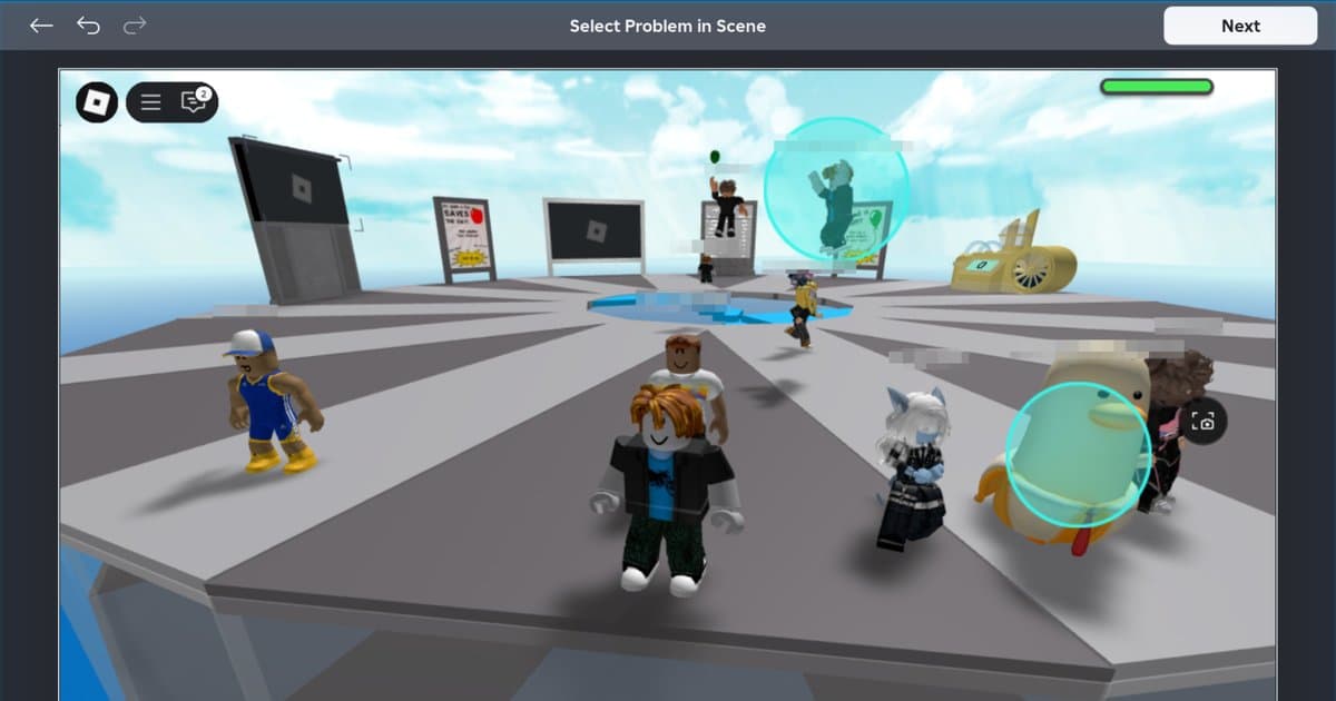 Layar laporan di dalam experience Roblox (Select Problem in Scene): avatar-avatar di plaza bundar, dengan avatar bebek dan avatar yang melayang dilingkari di Highlight Mode (newsroom resmi Roblox)