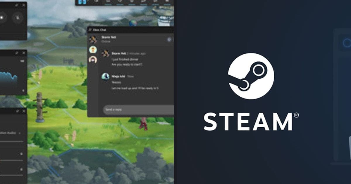 Lado a lado, uma tela real da Xbox Game Bar (widgets de desempenho e de áudio) e a imagem promocional oficial da Steam (logo da Steam e tela do cliente)