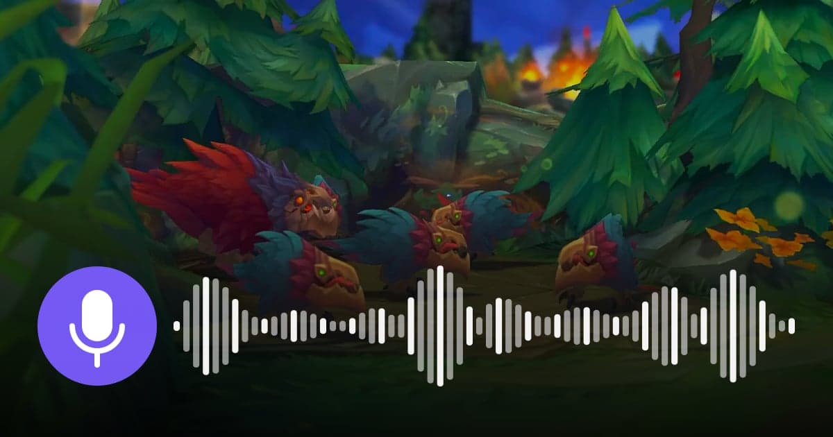 A purple microphone icon and a voice waveform laid over a League of Legends jungle scene