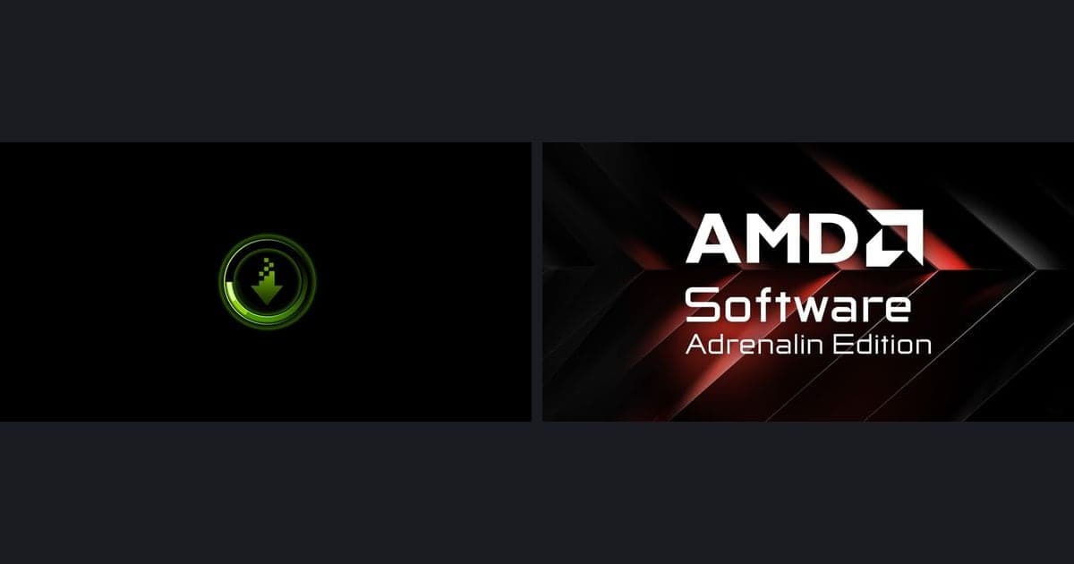 NVIDIAドライバーの公式画像(緑のダウンロードアイコン)とAMD Software: Adrenalin Editionの公式画像を並べた画像