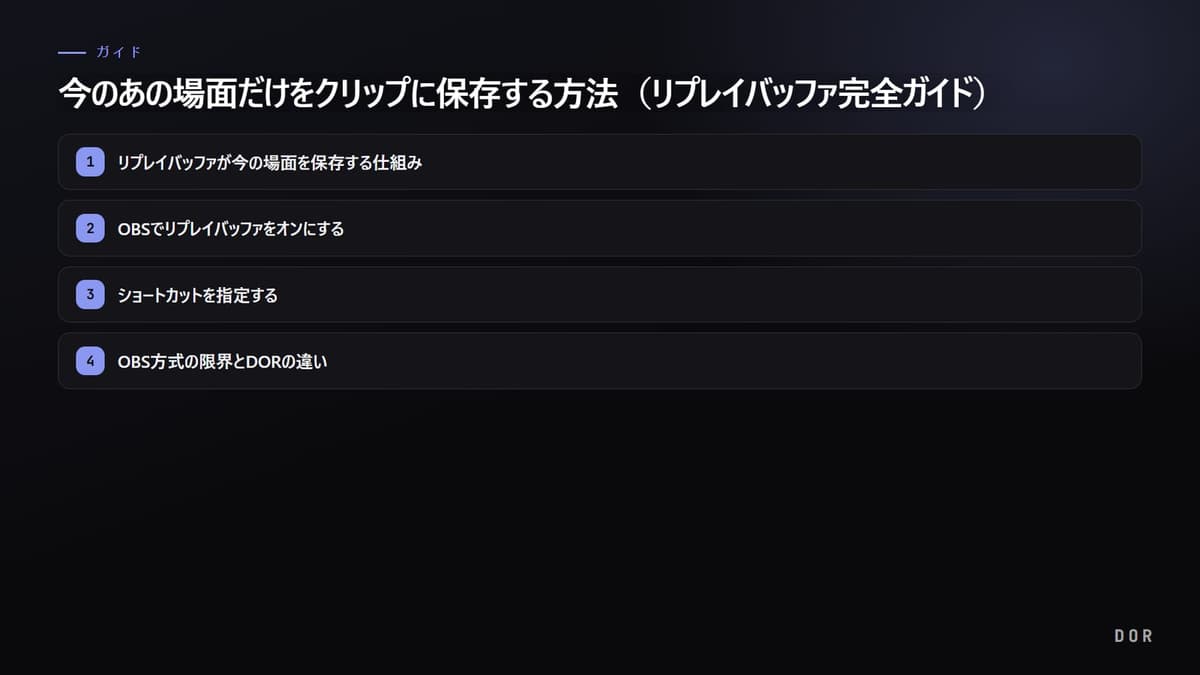 今のあの場面だけをクリップに保存する方法(リプレイバッファ完全ガイド) の手順まとめ図