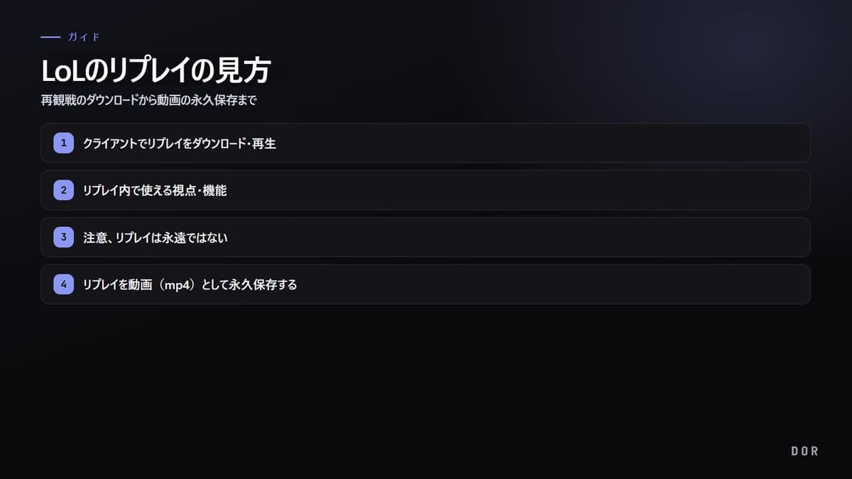 LoLのリプレイの見方 の手順まとめ図