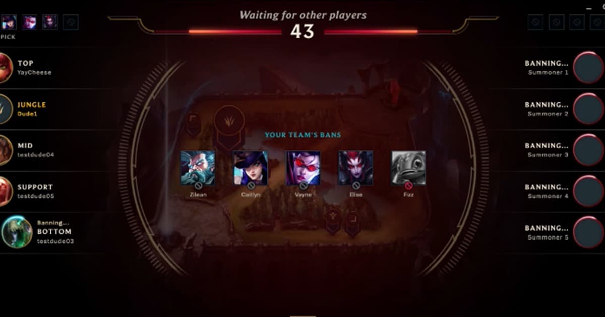 League of Legends champion select showing five roles and the ban phase