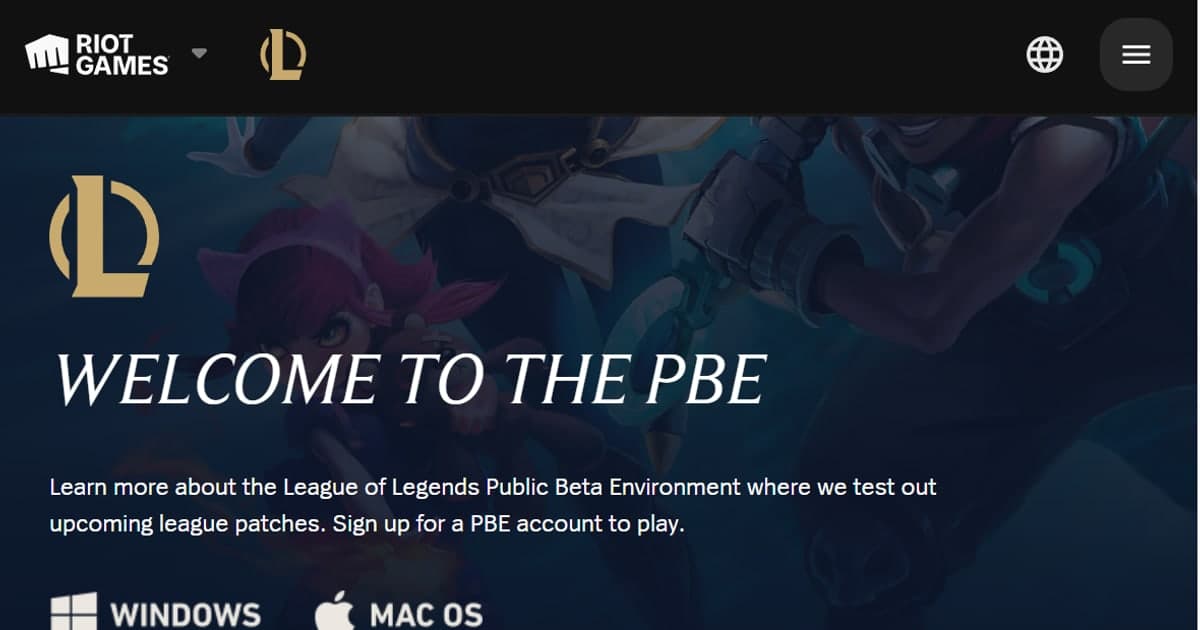 ライアット公式PBE案内ページ — Welcome to the PBEの見出しとアカウント申請の案内