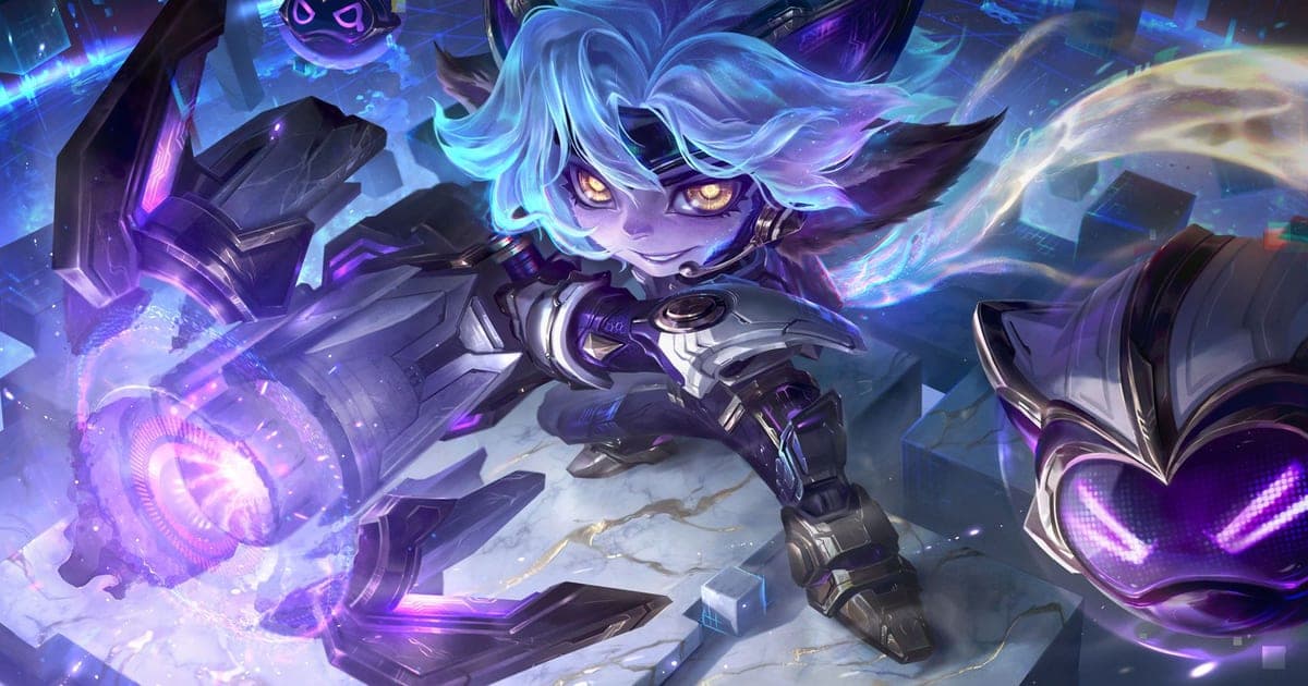 Official League of Legends patch 26.18 notes key art — a small blue-haired champion swinging an oversized weapon glowing purple