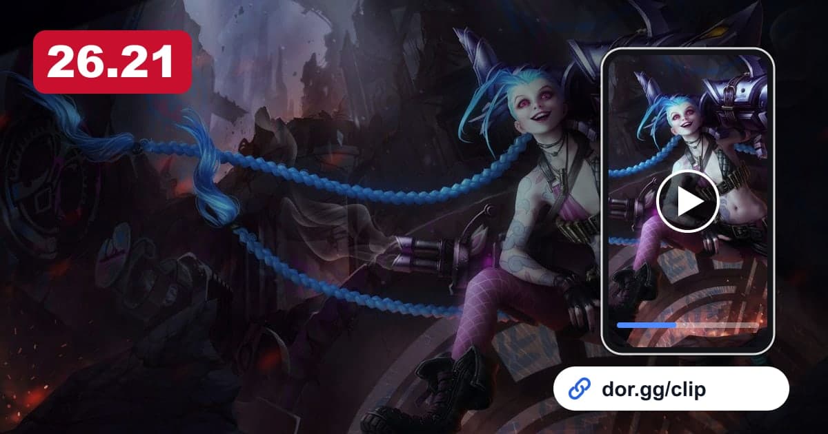 リーグ・オブ・レジェンドのチャンピオンイラストに26.21パッチの表示、動画を再生するスマートフォンとdor.ggリンクを重ねた画像