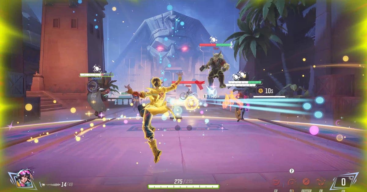 マーベル・ライバルズの実際のゲーム画面 — 体力275が表示されたHUDの中、ヒーローが空中でスキルを放ち複数のヒーローと戦う紫色の戦場