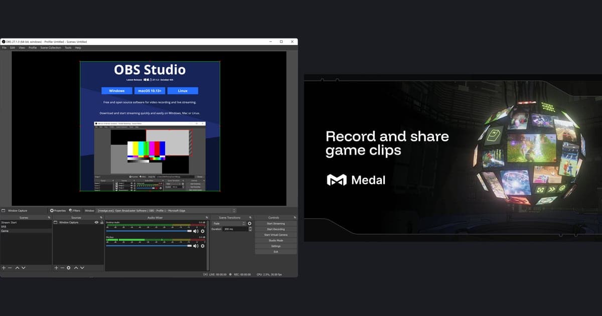 OBS Studioの実際の画面2枚(ソースのクロップ枠つき)とMedalの公式画像「Record and share game clips」を並べた比較画像