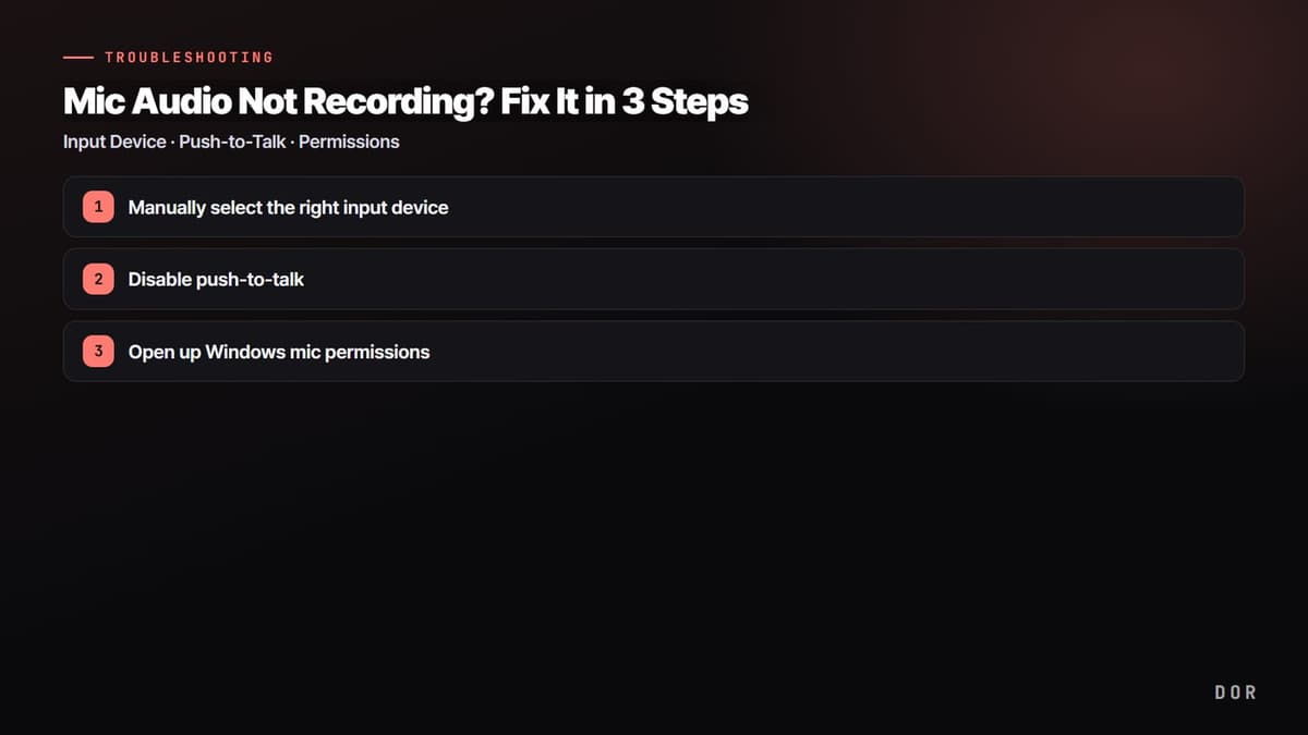 Mic Audio Not Recording? Fix It in 3 Steps — step-by-step overview graphic