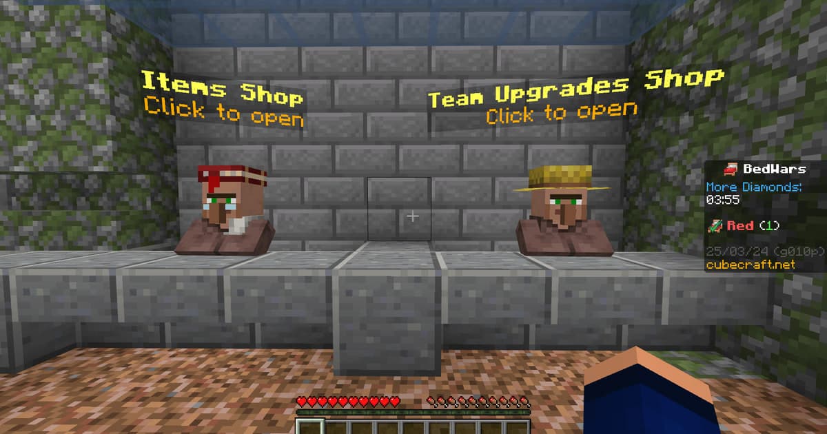 CubeCraft Minecraft BedWars gameplay showing the Team Upgrades shop and Red team scoreboard