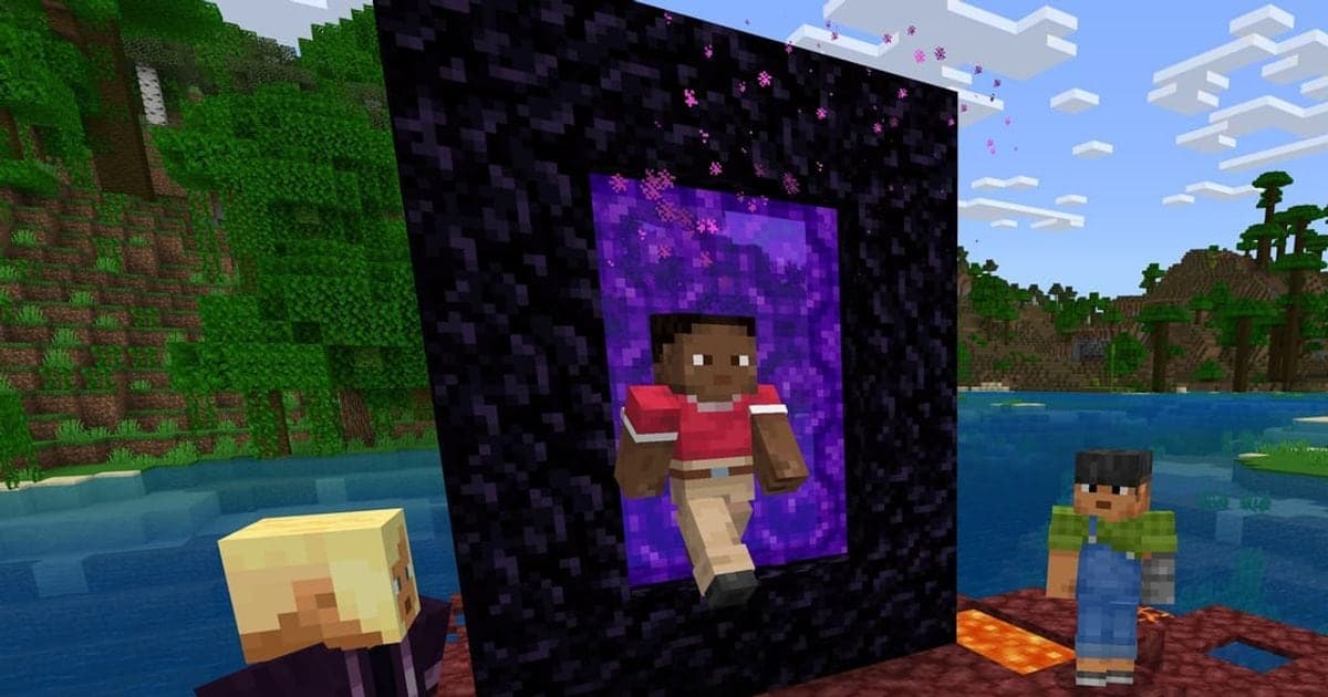 マインクラフトの公式スクリーンショット(ネザーポータルとキャラクター)