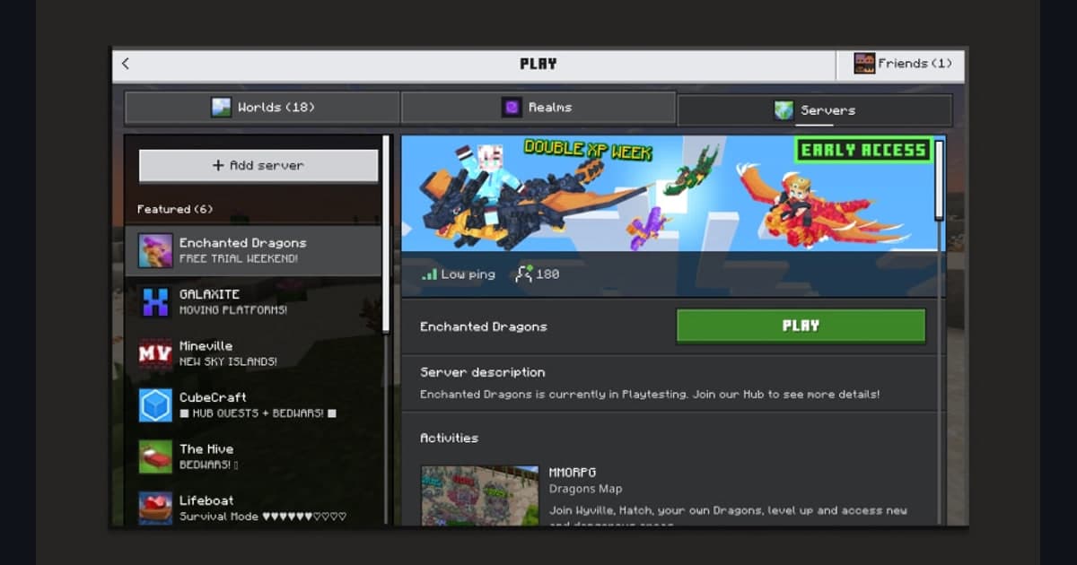Minecraft Bedrock server browser showing Featured Servers and online friend counts