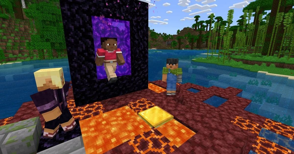 An official Minecraft screenshot (characters beside a Nether portal)