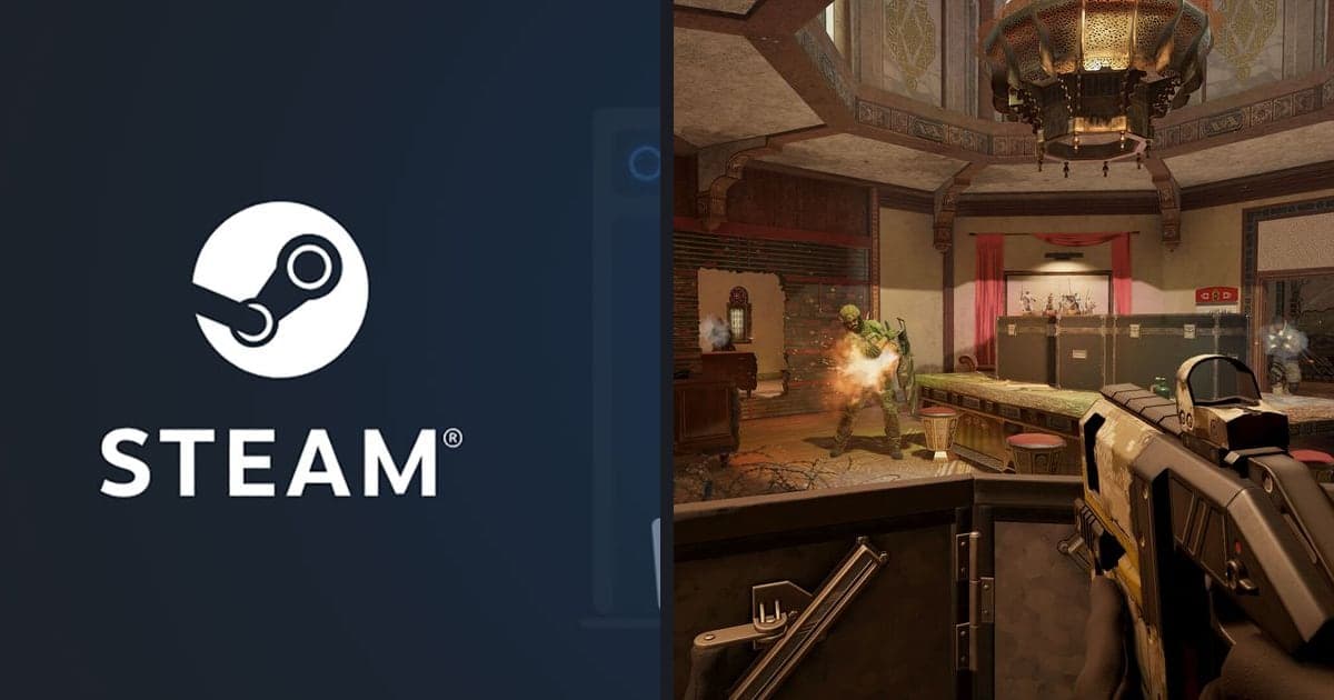 Gegenüberstellung des offiziellen Steam-Werbebilds (Steam-Logo und Client-Ansicht) und eines offiziellen Steam-Screenshots aus Rainbow Six Siege (Feuergefecht in einem Gebäude)