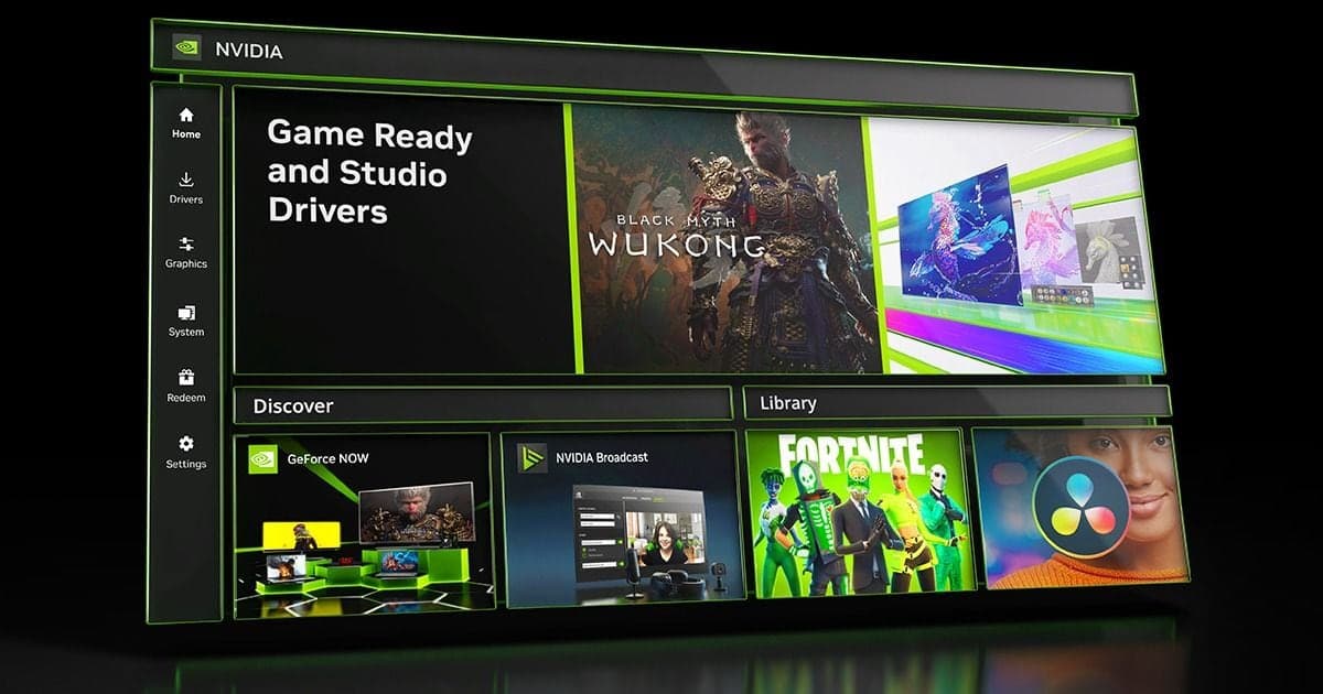 NVIDIA 앱 공식 이미지 — 게임 레디·스튜디오 드라이버 항목과 Discover, Library 탭이 보이는 앱 화면