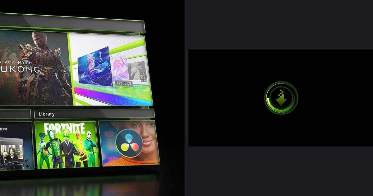 A side-by-side of the official NVIDIA app image (drivers and library screens) and the official NVIDIA drivers image (a green download icon)