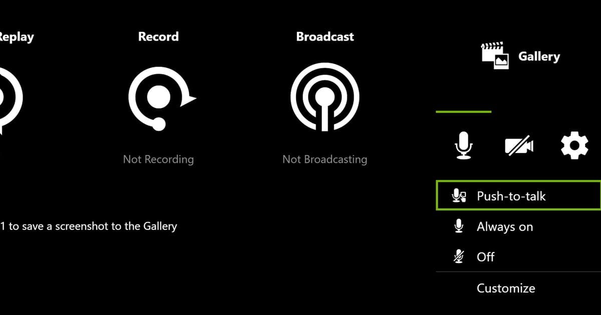NVIDIA overlay with Push-to-talk, Always on, and Off microphone options