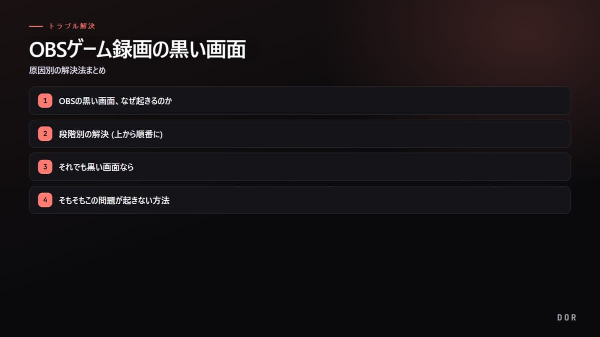 OBSゲーム録画の黒い画面 の手順まとめ図