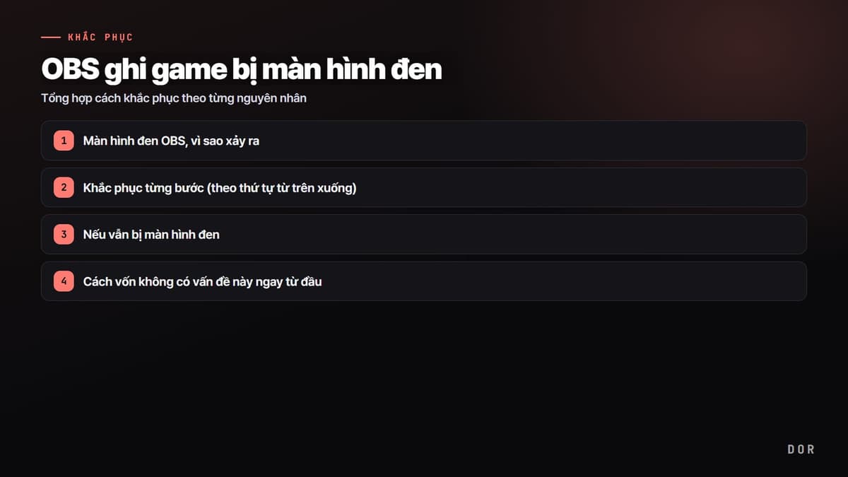 OBS ghi game bị màn hình đen — sơ đồ tóm tắt các bước