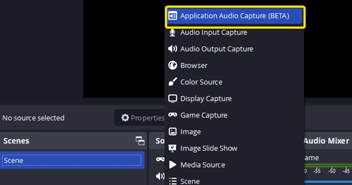 OBS Sources menu with Application Audio Capture selected