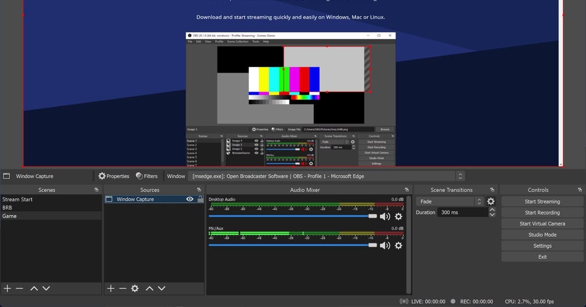 Parte de baixo da janela do OBS Studio — os painéis de Cenas, Fontes, Mixer de áudio e Controles e a barra de status com CPU e FPS