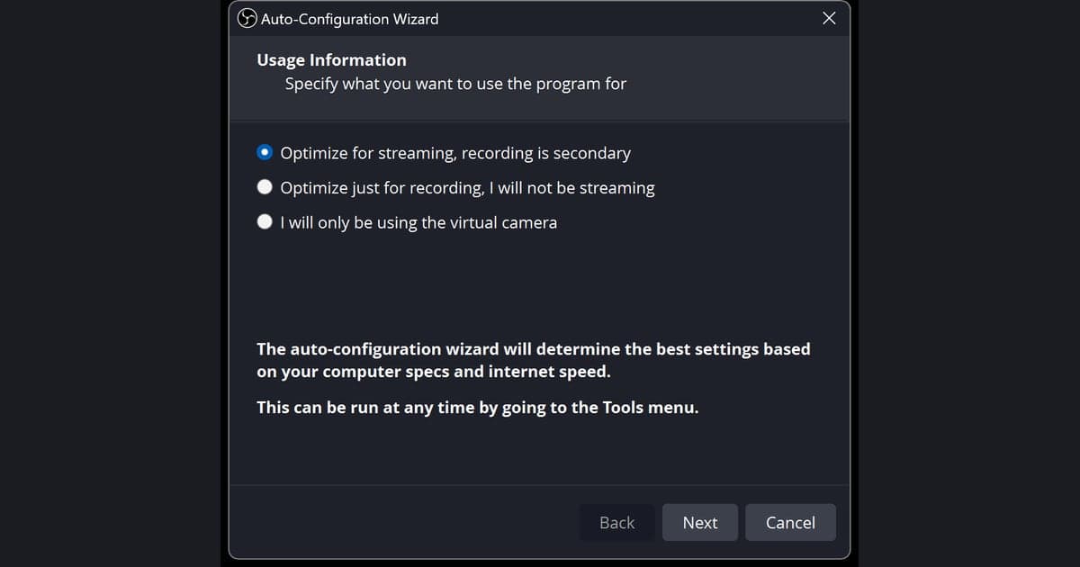 OBS Studio's Auto-Configuration Wizard usage screen — choosing between optimizing for streaming, for recording only, or for the virtual camera
