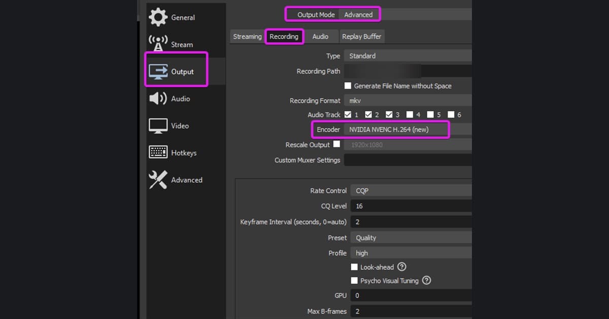 OBS advanced output settings with Output Mode, Recording, and the NVENC encoder highlighted