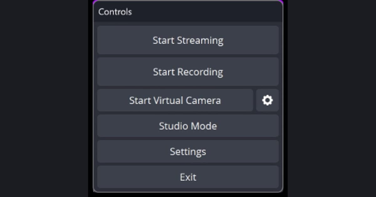 OBS Studioのコントロールドック — 配信開始、録画開始、仮想カメラ開始、スタジオモード、設定、終了のボタン