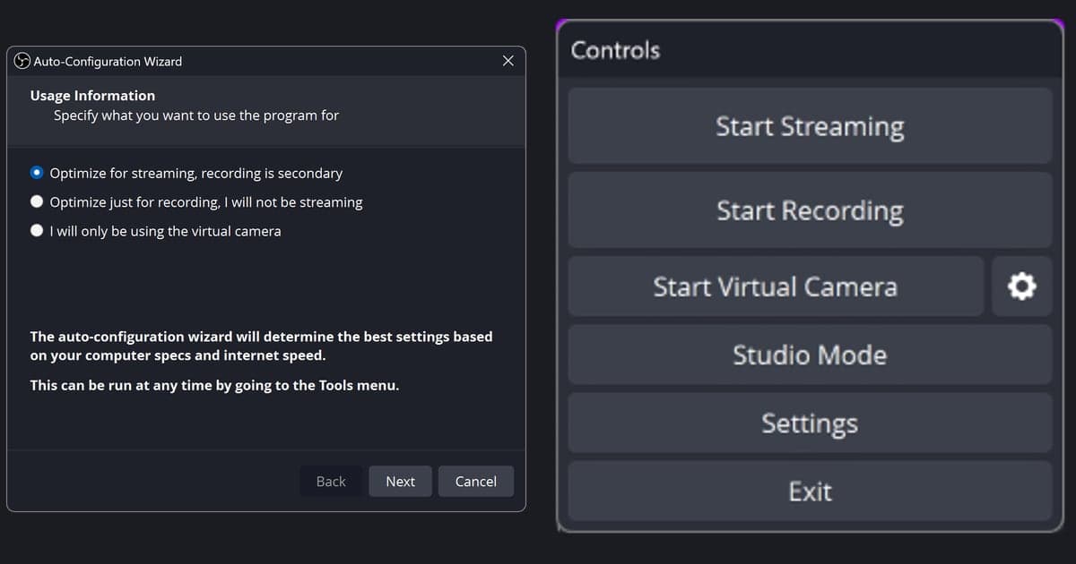 Comparación lado a lado de la pantalla de uso del Asistente de configuración automática de OBS Studio y el panel Controles con los botones Iniciar transmisión, Iniciar grabación y Configuración