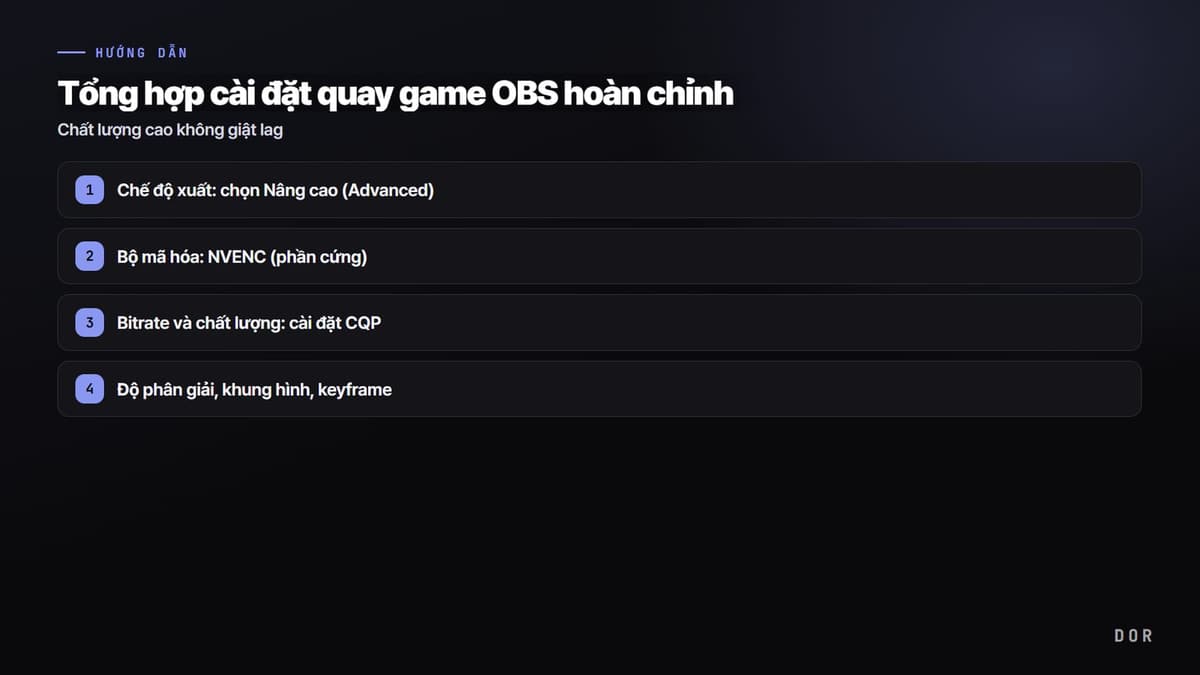 Tổng hợp cài đặt quay game OBS hoàn chỉnh — sơ đồ tóm tắt các bước