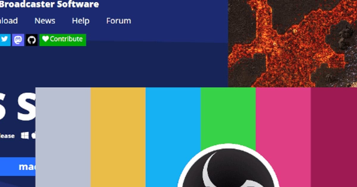 A close-up of the official OBS Studio image — the bright, saturated color-bar test pattern with the OBS logo