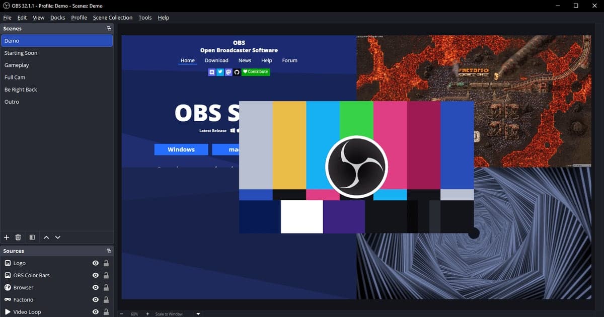 OBS 공식 사이트 상단 — Download·News·Help 메뉴와 OBS Studio 소개 화면(컬러 바 미리보기)