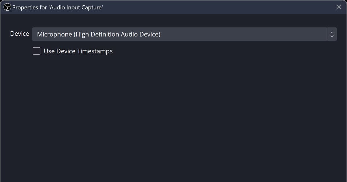 Cửa sổ thuộc tính Audio Input Capture thật của OBS với micro được chọn làm thiết bị