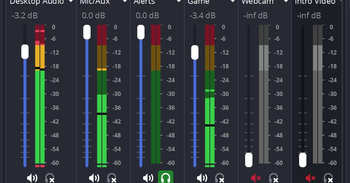 Audio-Mixer von OBS Studio – Pegelanzeigen und Lautstärkeregler für die Kanäle Desktop Audio, Mic/Aux, Alerts, Game und Webcam