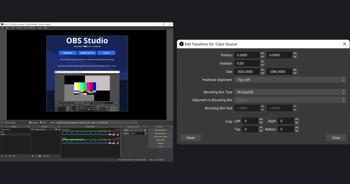 OBS Studioのプレビューでソースを切り抜くクロップ枠の画面と、位置・サイズ・境界ボックス・切り抜きの変形編集ウィンドウを並べた画像