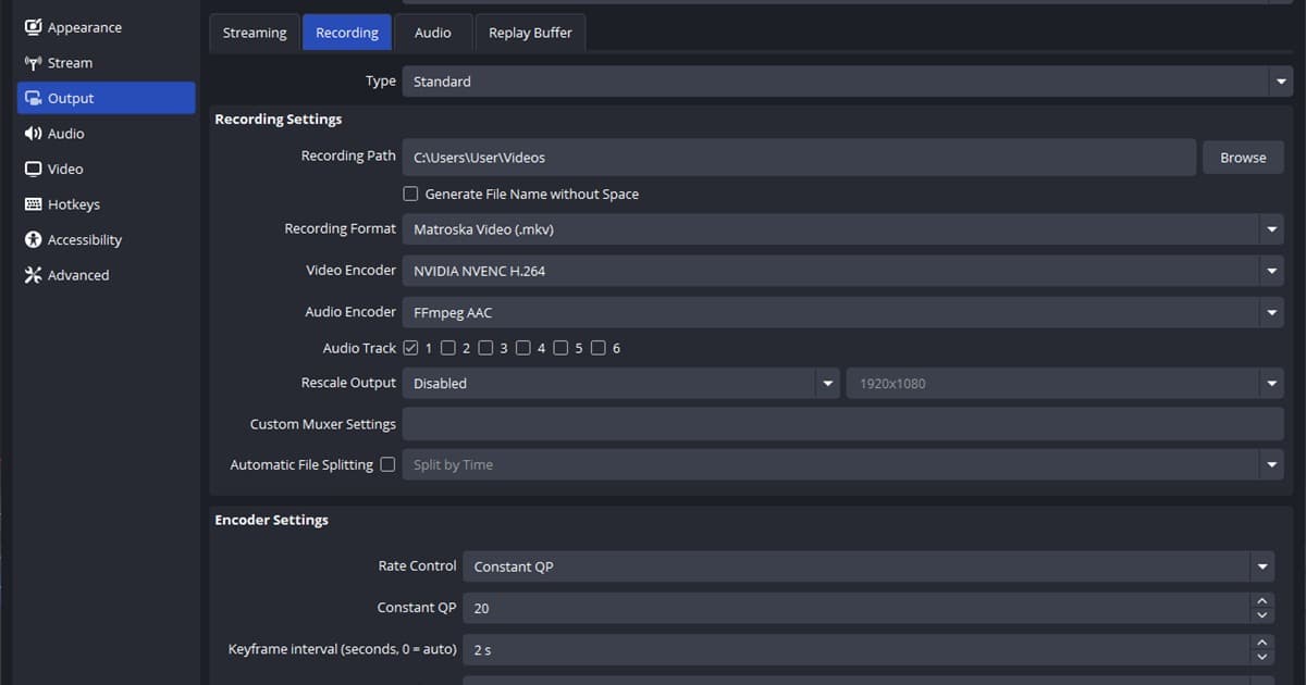 OBS recording settings showing the NVENC encoder, output resolution, and CQP quality controls