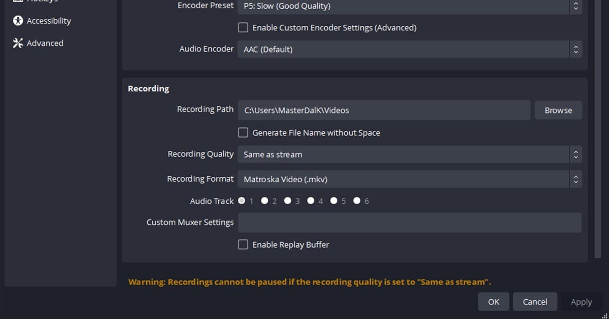 OBS Output settings showing the recording path and file format
