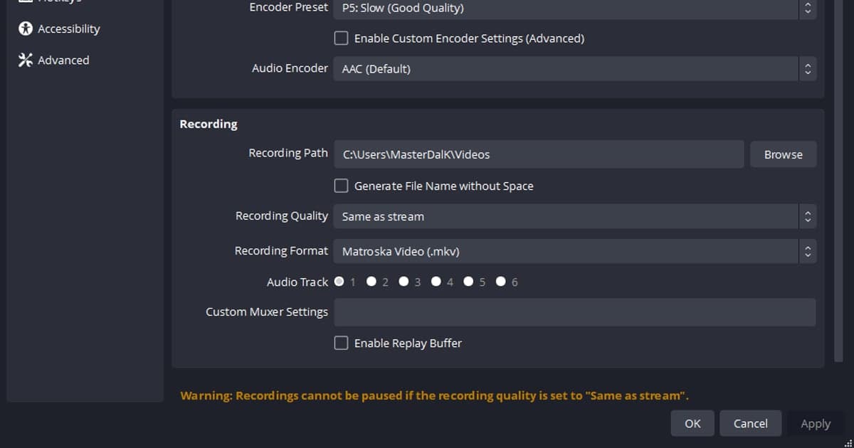 Seção Gravação da aba Saída nas configurações do OBS Studio no modo Simples: caminho da gravação, qualidade, formato (mkv), faixa de áudio e replay buffer