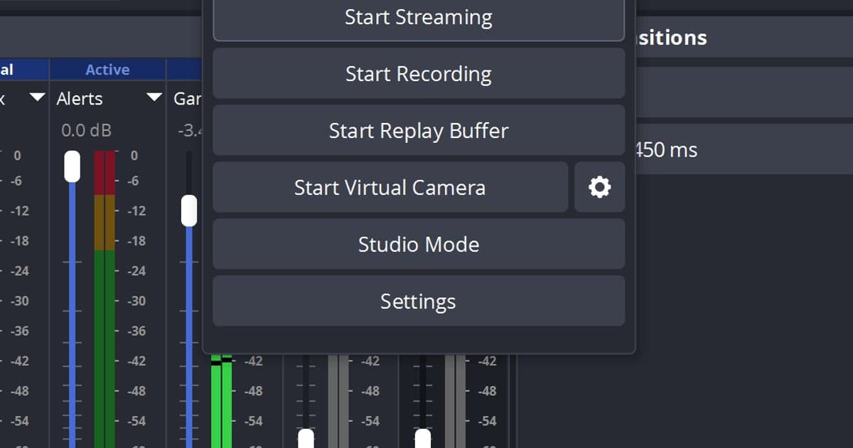 OBS Studioのコントロールメニューとオーディオミキサードックの一部 — 録画開始、リプレイバッファ開始、仮想カメラ開始、スタジオモード、設定のボタン