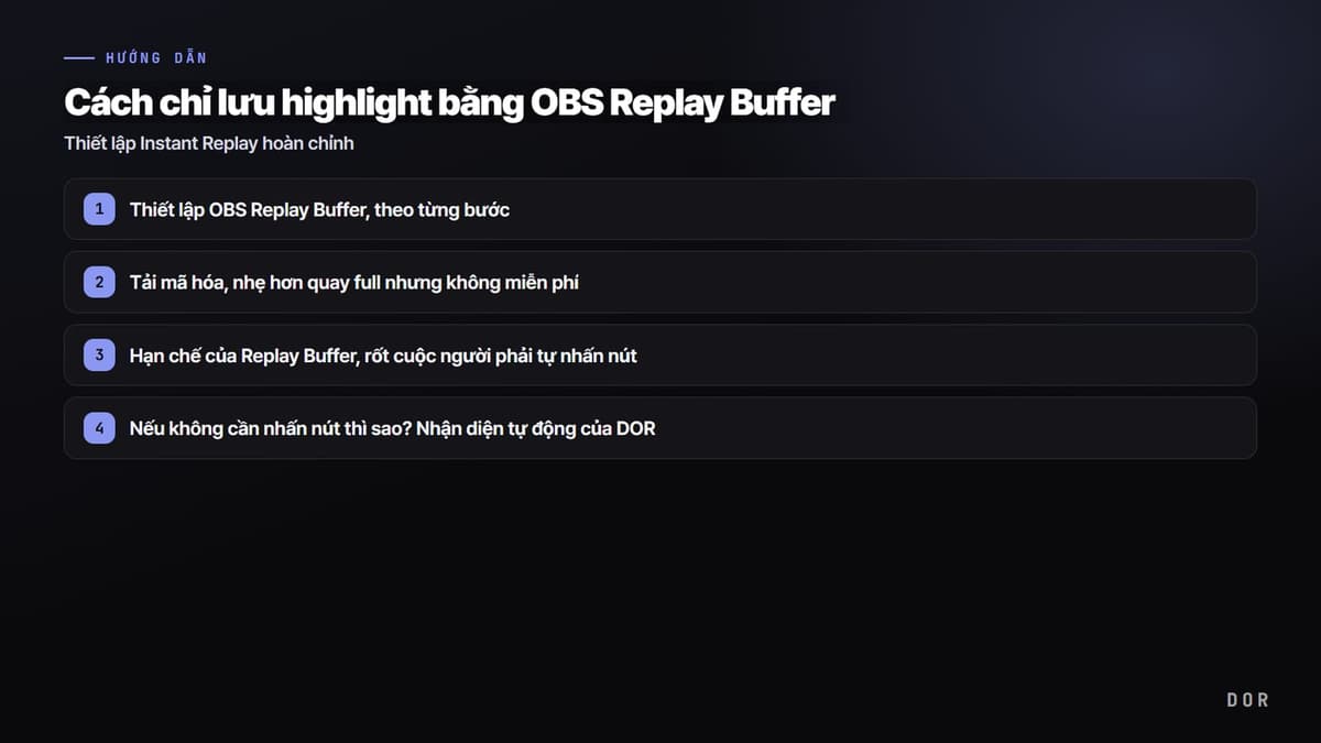Cách chỉ lưu highlight bằng OBS Replay Buffer — sơ đồ tóm tắt các bước