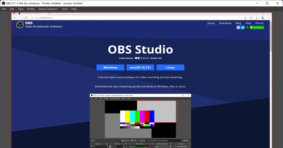 OBS Studioの実際のウィンドウ — プレビューにOBS公式サイトとカラーバー画面が表示され、下にソース・ミキサー・コントロールのドックが並ぶ様子