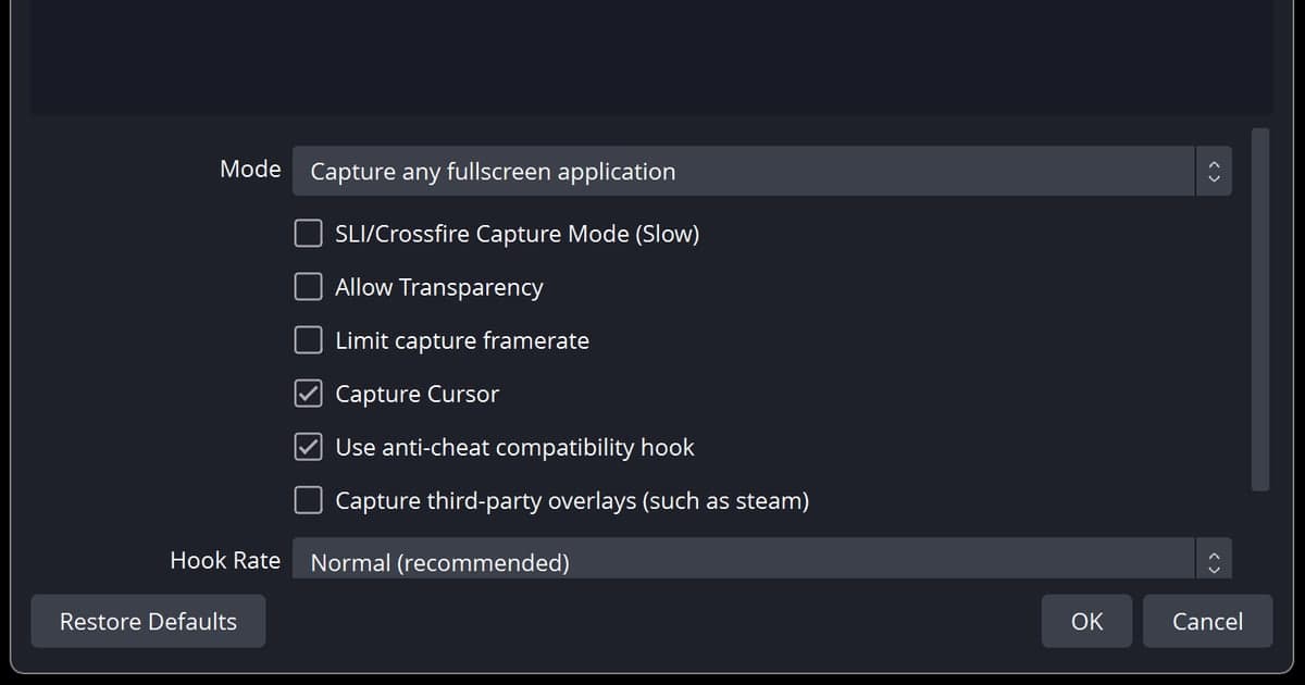 Thuộc tính Game Capture thật của OBS hiển thị chế độ bắt mọi ứng dụng toàn màn hình và tùy chọn hook tương thích chống gian lận