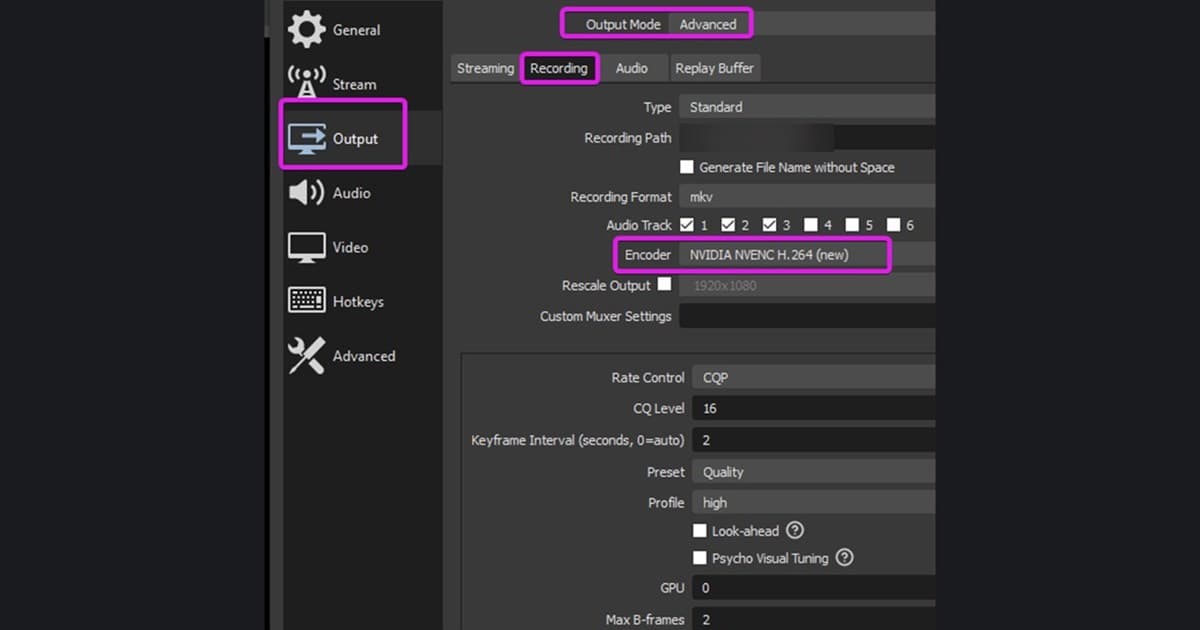 OBS advanced recording settings showing the encoder and output mode