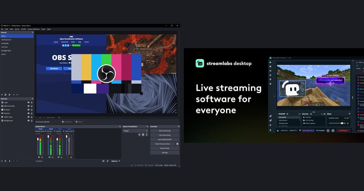 OBS Studio 실제 화면(컬러 바가 뜬 미리보기와 소스·오디오 믹서 도크)과 Streamlabs Desktop 공식 소개 이미지를 나란히 놓은 비교 이미지