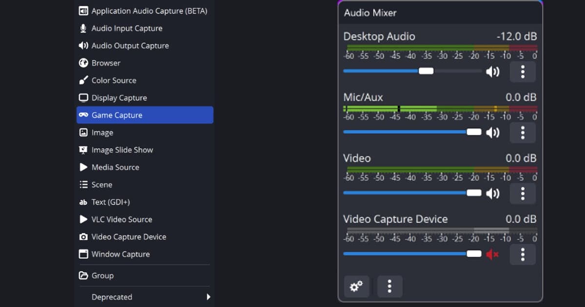 Menu Add Source do OBS Studio (com Video Capture Device) ao lado do Audio Mixer com os canais Desktop Audio, Mic/Aux e Video Capture Device