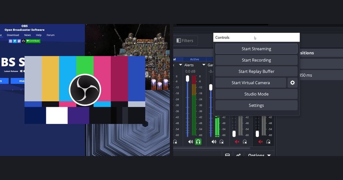 Zwei offizielle Bilder von OBS Studio – ein großes Vorschau-Layout mit Farbbalken und das Steuerungsmenü mit den Buttons Start Streaming und Start Recording