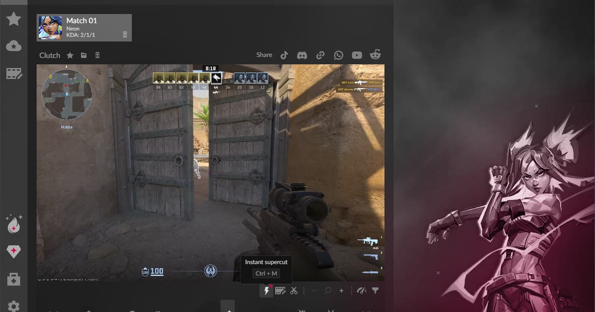 Outplayed Sessions UI reviewing a Counter-Strike 2 clip and timeline
