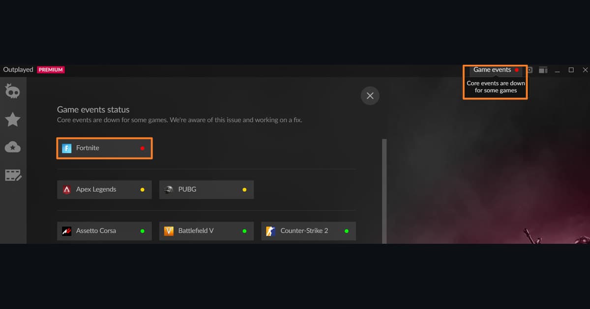 Outplayed UI showing a Core events outage for some detected games